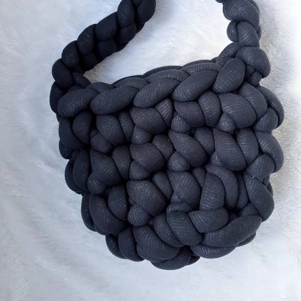 NEW Black Chunky Marshmallow Knit Soft Boho Shoulder Bag Tote Handmade